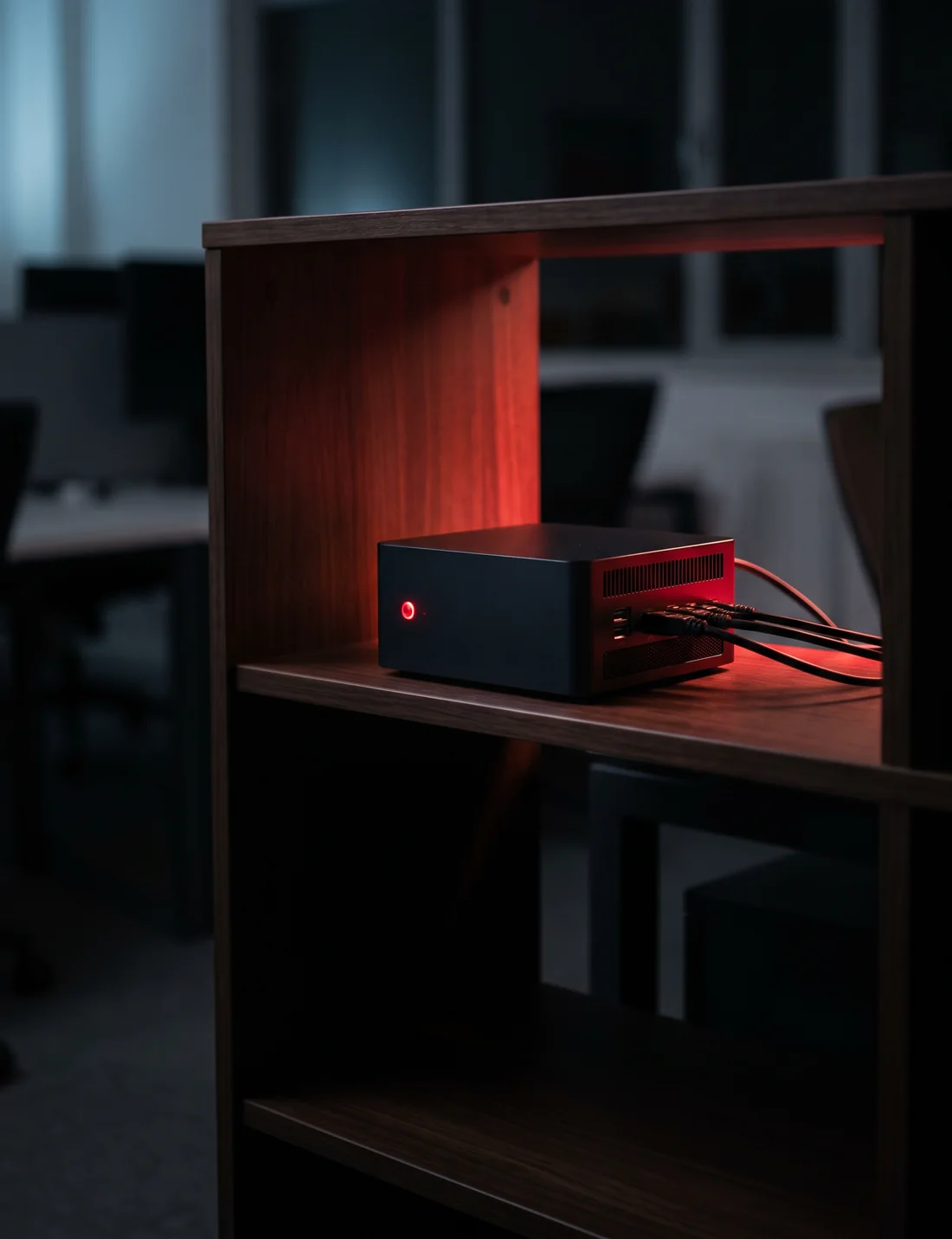 A small black computer on an office shelf, lit red — the system runs on hardware the business owns